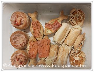 kookpassie.be - Lidl Delicieux : Aperitief hapjes: 14stuks - Soort 2 - Met kaas (3), Rivierkreeft (1), Gerookte zalm (2), Bolognesesaus (4)