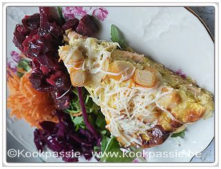 kookpassie.be - Quiche met prei, zalm en surimi (basis kruiden met 4 eitjes en 200 ml light room en grote scheut melk) (2dagen)