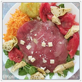 kookpassie.be - Rundercarpaccio met dressing en Parmigino (Lidl) met groentjes 1/2