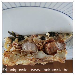 kookpassie.be - Ovenschotel: Gestoomde spinazie, korte tagliatelli - Soubry, al dente, bechamelsaus (155), gebakken kippenblokjes met satékruiden D2