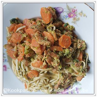 kookpassie.be - Gebakken kip met wortel, erwtjes, broccoli en spaghetti
