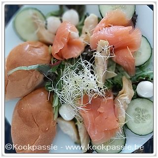 kookpassie.be - Gerookte zalm, mini sandwiches, rucola, mini mozzarella, komkommer, artisjok, preischeuten