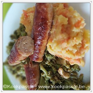 kookpassie.be - Kippenworst met broccoli met ras el hanout en wortelpuree