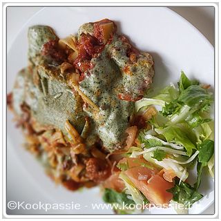 kookpassie.be - Lasagne - Aubergines, courgette, spinazie, kip, hesp, tomatensaus en bechamel