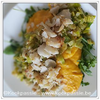 kookpassie.be - Gebakken kabeljauw met ruccola, prei en wortelpuree (1613)