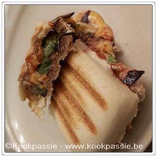 kookpassie.be - Panini broodjes (Colruyt) met tonijn en restje tartaresaus, Ziz kaas, Rode kool restje, gemengde sla, curryketchup en pitasaus