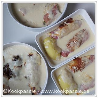 kookpassie.be - Mealpreppen: spinazie, lente-ui en witloof met kaas en hesp ovenschotel 1/3