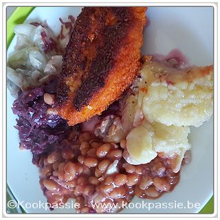 kookpassie.be - Kippensnitzel en restje gratin aardappelen, witloof, rode kool (Every Day) en rode boontjes (HAK)