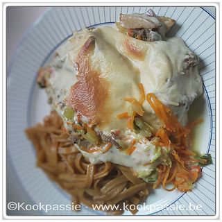 kookpassie.be - Tagliatelli in sojasaus, gember, citroengras, go en sesamolie. Ovenschotel van Filet americain met ui gebakken met kruiden: gember, koreander, peterselie, komijn en paprika , groenten gebakken: chinese kool, wortel en courgette met kaasbechamel (3 dagen)