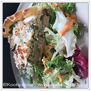 kookpassie.be - Quiche van kruimeldeeg, gekookte hesp blokjes, witloof, prinsessenbonen, courgettes, verse Turkse kaas, 4 eieren en kokosmelk + kruiden LSF 1/2