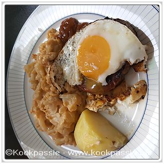 kookpassie.be - Rest van de bloemkool en aardappel met kippenburger en eitje erop