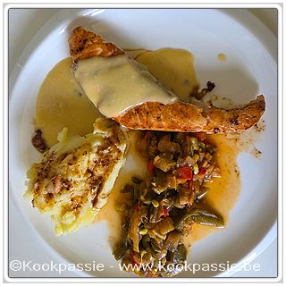 kookpassie.be - Gebakken zalm met puree, rest van de groenten met prinsessenbonen extra en Hollandaise saus