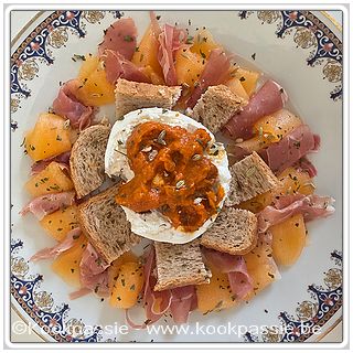 kookpassie.be - Carpaccio de melon, jambon cru et pesto