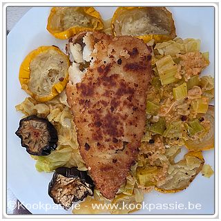 kookpassie.be - Kabeljauw (Carrefour) met rest van de groentjes, aubergine, gele courgette, spitskool en prei