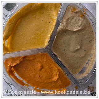 kookpassie.be - Colruyt: Boni humus: 1/ Mango-curry 2/ Peterselie-look 3/ Geroosterde paprika
