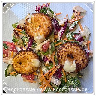 kookpassie.be - Rest van de salade met mozzarella krokantje. Airfryer: 180 graden, 2 x 5 min aan beide zijden 1/2