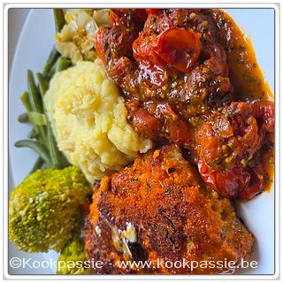 kookpassie.be - Cordon bleu op Ardense wijze (Carrefour) met puree, prinsessenbonen, broccoli en kerstomaten in olijfolie en basilicum