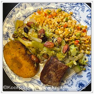 kookpassie.be - Lamsfilet, Gauliflower snitzel (Garden Groumet), en Poêlée de Courgettes, Raisins Secs & Amandes Grillées