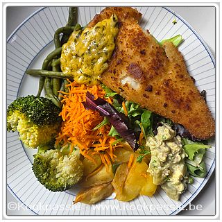 kookpassie.be - Gepanneerde kabeljauwfilet (Carrefour) met broccoli, prinsessenboontjes, geraspte wortelen, aardappelen , salade en tartaar
