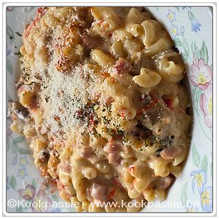 kookpassie.be - Horentjes (Soubry) met champignons, zoete paprika, gekookte hamblokjes en bechamel