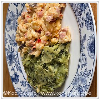 kookpassie.be - Zalmschotel met spinaziepuree (LSF, Delhaize, maar waar is de zalm, geen aanrader) met rest van de horentjes