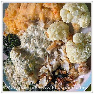 kookpassie.be - Kabeljauw met preisaus, bloemkool, spinazie en wortelpuree (een troepje ;-))