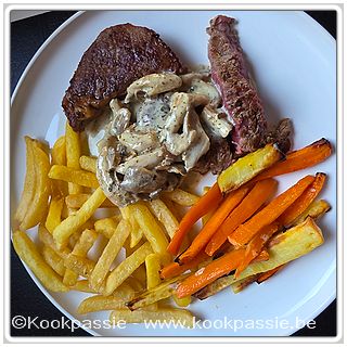 kookpassie.be - Filet pur voor mama met oesterzwamroomsaus, in de airfryer gebakken wortel en pastinaak (200°C 20 tal minuten) en frietjes