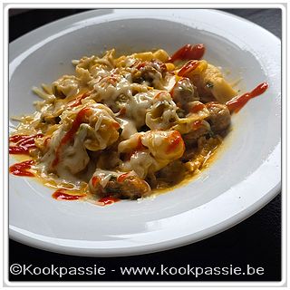 kookpassie.be - Sacchetti (Lidl) met gebakken gehaktbolletjes, spitskool en ui (kruiden: gember, ras el hanout, koreaanse rode pasta, verse kaas 1 el en iets room