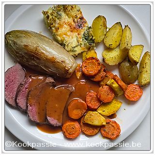kookpassie.be - Everzwijn met broccoliquiche, wortel, pastinaak, krielaardappelen en witloof