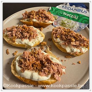 kookpassie.be - Halve broodjes met Tzatziki (Lidl, echt aanrader, mocht goedkoper, maar ja…), tonijn uit eigen nat en gedroogde uitjes