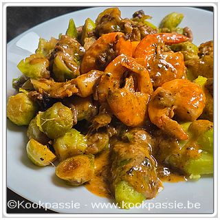 kookpassie.be - Vandaag combinatie van 2 gerechten: 1050 en 1385: Spruitjes, champigons, look en gember en scampis met lookkruiden, chimichuri en room