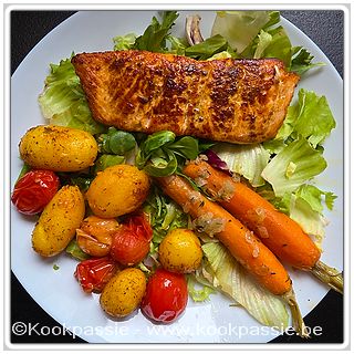 kookpassie.be - Gebakken zalm met ras el hanout, krielaardappelen en kerstomaten in de Airfryer, sla en worteltjes