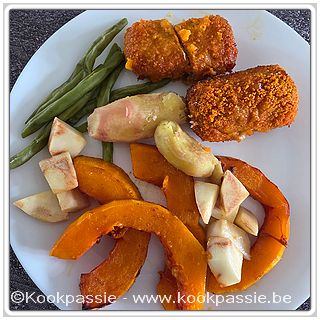 kookpassie.be - Boomstammetjes, knolselder en pompoen in de oven, gestoomde prinsessenbonen en rode aardappeltjes