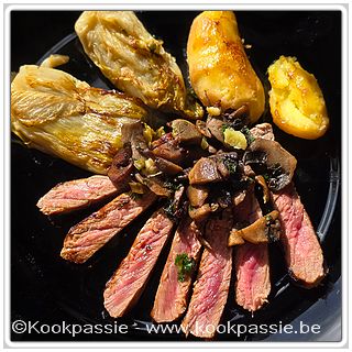 kookpassie.be - Chateaubriand met gebakken witloof, champignons en rode aardappelen