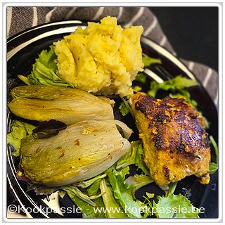 kookpassie.be - Cordon bleu met aardappelpuree met pastinak, gestoomde en daarna gebakken witloof en gemengde sla