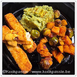 kookpassie.be - Fishsticks met broccolipuree en spruit, pompoen, rode ui Herfstmix Jumbo / LSF