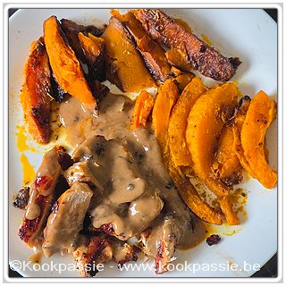 kookpassie.be - Fazant met pompoen en zoete aardappel wedges (Bede van Delhaize/LSF) en champignonsaus