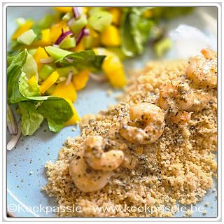 kookpassie.be - Garnalen met look kruiden, chimichuri en room = 1385, couscous met mango, komkommer en salade = 1465