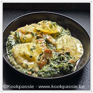 kookpassie.be - Girasoli met spinazie en ricotta gevuld met sjalot dragon roomsaus spinazie en champignons