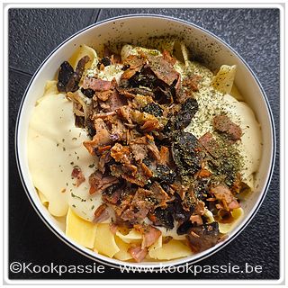 kookpassie.be - Pappardelle met gebakken champignons en beenham met kaasbechamel