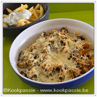 kookpassie.be - Mosselpannetje - Groentenmengeling, sap van de mosselen, mosselen, wat room, panko, lookkruiden en gemalen kaas
Airfryer: 180°C, 8 minuten