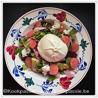 kookpassie.be - Avondeten. Veldsla, kokommer, opgelegde radijs, rode biet, rode bietscheuten, gekookte beenham en burrata.
Toefjes tartaresaus