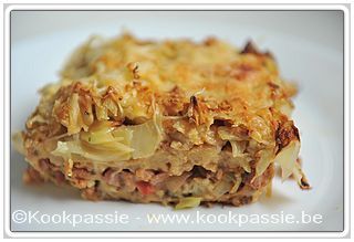 kookpassie.be - Mengeling van 1274 en 1275 met spitskool, rode paprika, kippengehakt, blokjes ham, brioche brood, mengeling uipoeder, room, melk en ui (3 dagen)