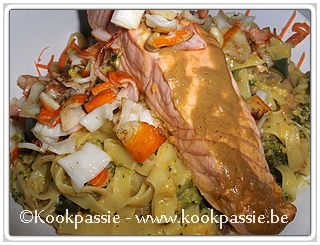 kookpassie.be - Broccoli, courgette, rode ui, champignions met zalm, citroen en mosterd 1/2