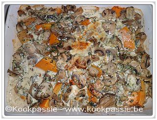 kookpassie.be - Gratin de champignons-potiron, sauce au bleu