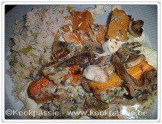 kookpassie.be - Gratin de champignons-potiron, sauce au bleu