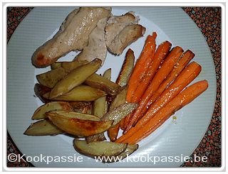 kookpassie.be - Witte worst met Sint-Jacobsvrucht, rode aardappeltjes en worteltjes in de oven
