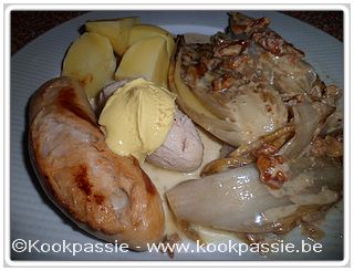kookpassie.be - Witte worst Sint-Jacobsvruchten met witloof, gekookte aardappelen en mosterd
