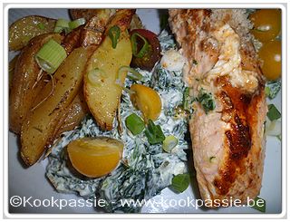 kookpassie.be - Zalm - Zalm en aardappeltjes in de oven met spinaziedipsaus