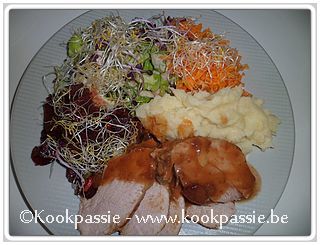 kookpassie.be - Hespegebraad Colruyt met rauwe groenten, puree en jagersaus